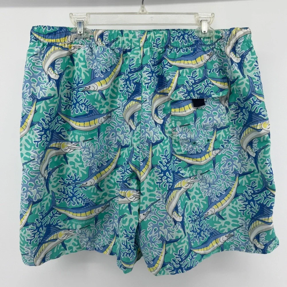 Vineyard Vines Mens XL Blue‎ Marlin Coral Print Swim Trunks Mesh Lined Shorts